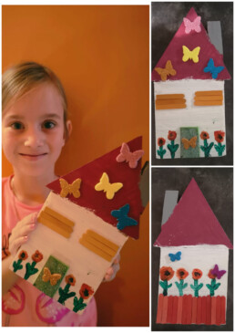Kolaż 3 zdjęć; na jednym z nich dziewczynka trzyma w rękach wykonany przez siebie drewniany domek, przyozdobiony kwiatkami i motylkami; pozostałe dwa zdjęcia to zdjęcia przygotowanego przez dziewczynkę domku