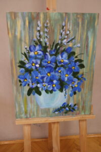 Obraz na którym znajduje się donica z kwiatami, wszystko namalowane farbami akrylowymi