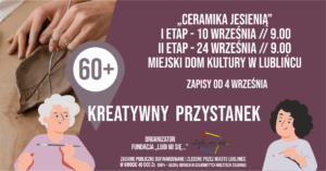 Grafika zapowiadająca warsztaty Kreatywny Przystanek 60+ ,,Ceramika jesienią'' 