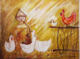 Rysunek wykonany kredkami, dziecięca reprodukcja obrazu Tadeusza Makowskiego