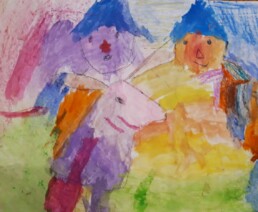 Rysunek wykonany kredkami, dziecięca reprodukcja obrazu Tadeusza Makowskiego